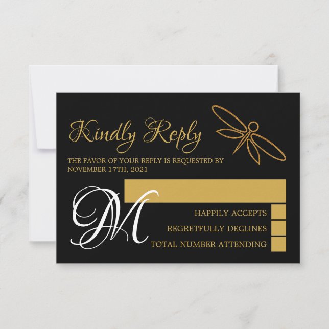 RSVP für Vintage Goldfilm-Dragonfly-Hochzeit (Vorderseite)