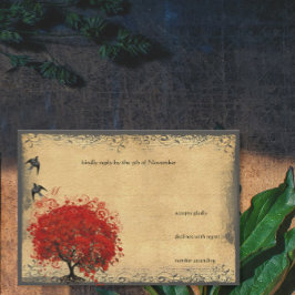 RSVP für Vintage Vögel mit Rotem Baum Karte