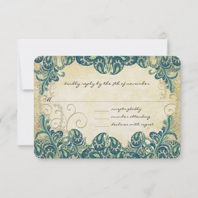 RSVP (Green Navy Blue and Gold Peacock Wedding) (Vorderseite)