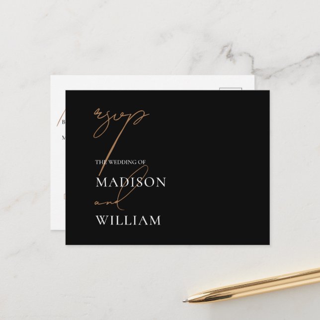 RSVP Hochzeit Minimalistische Schwarze Mahlzeit Au Postkarte (Vorderseite/Rückseite Beispiel)