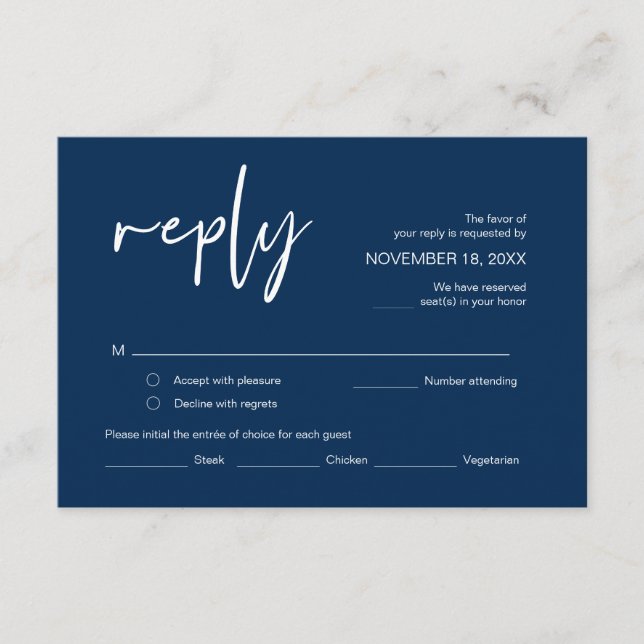 RSVP Hochzeit mit Essensmöglichkeiten, Navy Blue S Begleitkarte (Vorderseite)