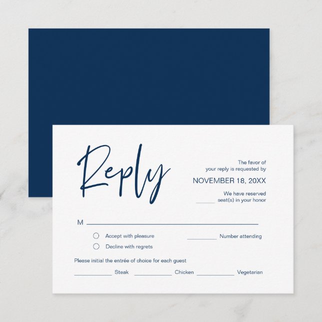 RSVP Hochzeit mit Essensoptionen, Navy Blue-Skript Begleitkarte (Vorne/Hinten)