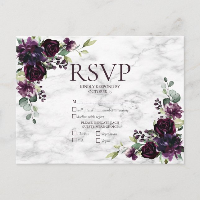 RSVP-Hochzeit mit Lila Marmor Einladungspostkarte (Vorderseite)