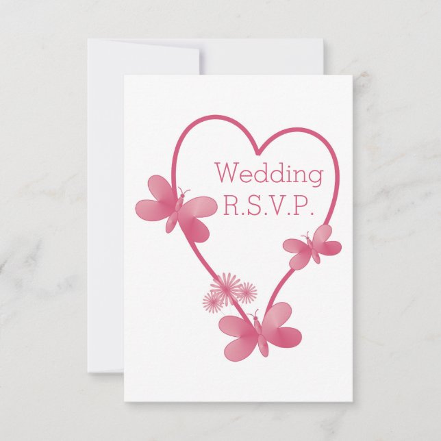 RSVP Hochzeit rosa Herz und Schmetterlinge Karte (Vorderseite)