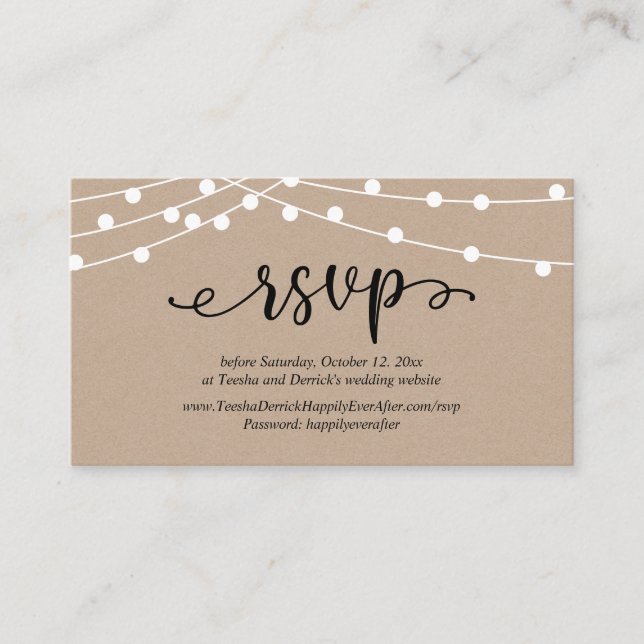 RSVP-Hochzeit, rustikale Kraft-String-Lichter Begleitkarte (Vorderseite)