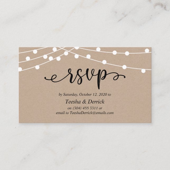 RSVP-Hochzeit, rustikale Kraft-String-Lichter Begleitkarte (Vorderseite)