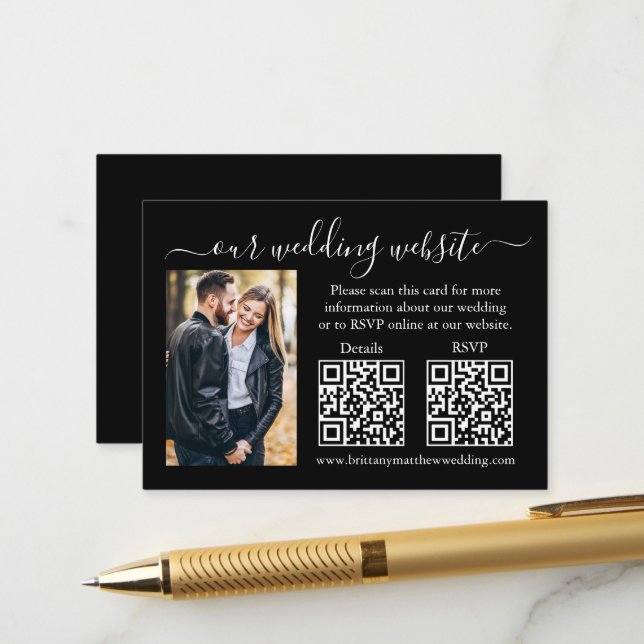 RSVP-Hochzeitdetails Foto 2 QR Schwarz Begleitkarte (Vorderseite/Rückseite Beispiel)