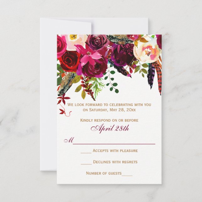 RSVP-Hochzeitkarte - Burgunder Blütenblüte, Federn Einladung (Vorderseite)
