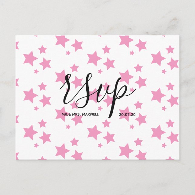 Rsvp-Hochzeitkarte | Pink Stars Script Postcard Einladungspostkarte (Vorderseite)