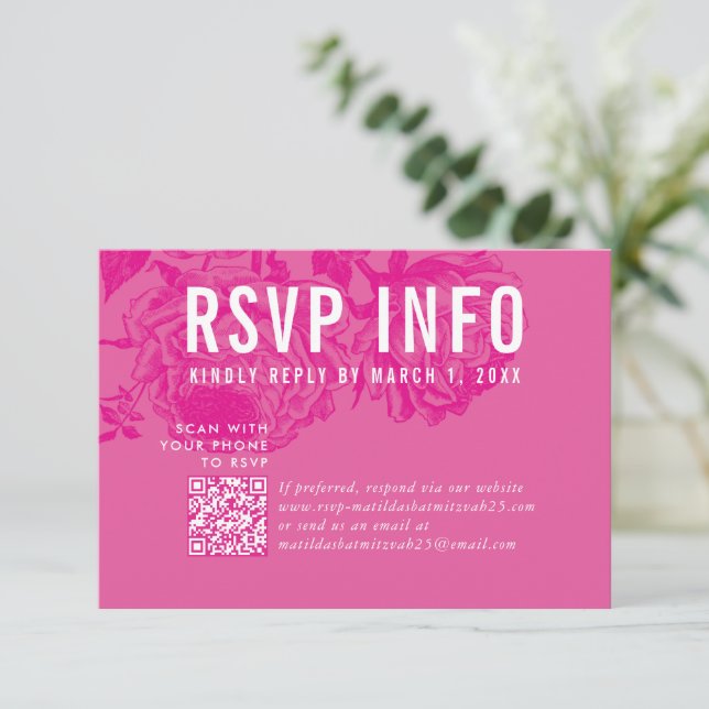 RSVP INFO CARD moderne floral joli code qrcode ros (Debout devant)