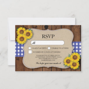 RSVP Jute-Hochzeit Holz Landhausstil Blaue Karo-Ka Karte