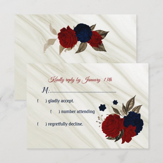 RSVP-Karte aus Marmor- und Bordeaux-Blume RSVP Karte (Vorne/Hinten)