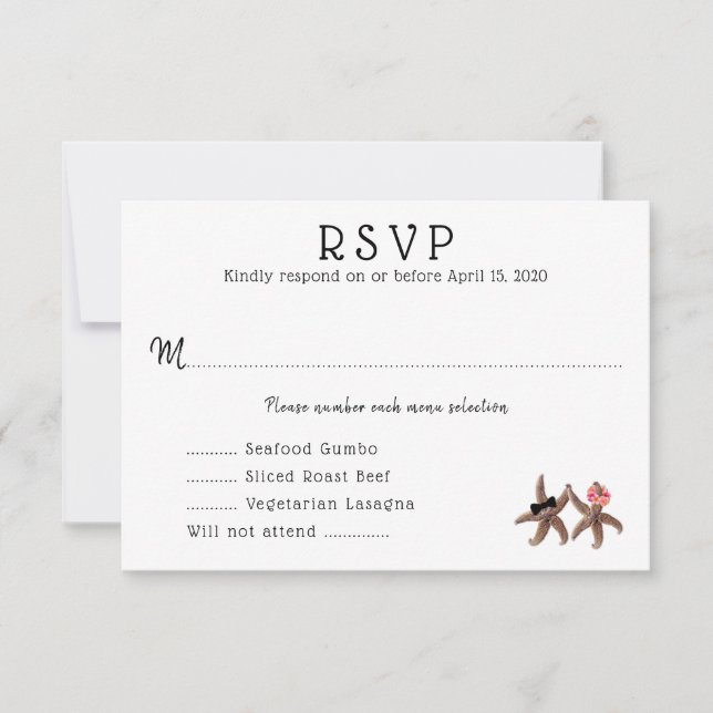 RSVP-Karte des Menüs "Starfish Brien in Groom Meal RSVP Karte (Vorderseite)