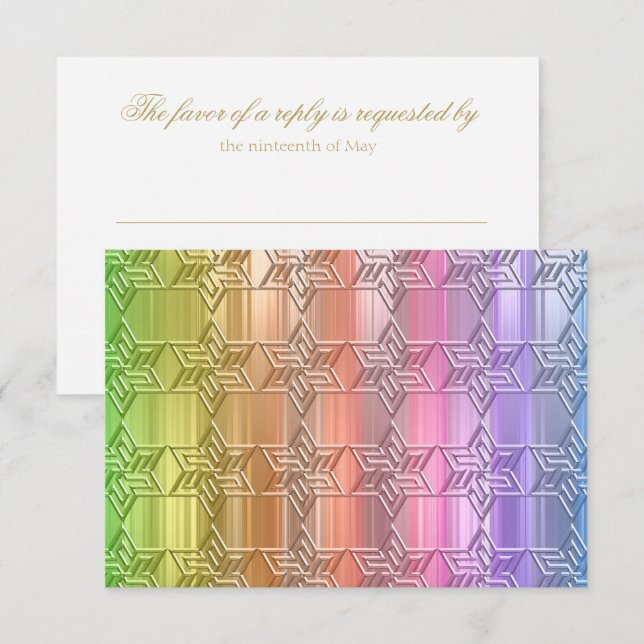 RSVP-Karte Farbige Regenbogensterne Damask RSVP Karte (Vorne/Hinten)