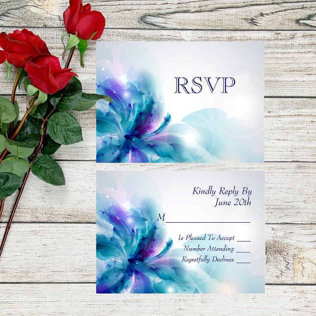RSVP-Karte für abstraktes Blau und Lila Blumendesi RSVP Karte (Von Creator hochgeladen)