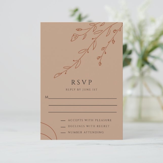 RSVP-Karte für beige Botanische Hochzeit Einladung (Stehend Vorderseite)