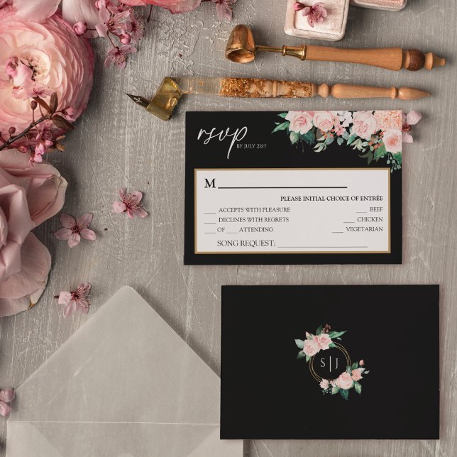 RSVP-Karte für Blush Floral Black Wedding Song Req RSVP Karte (Von Creator hochgeladen)