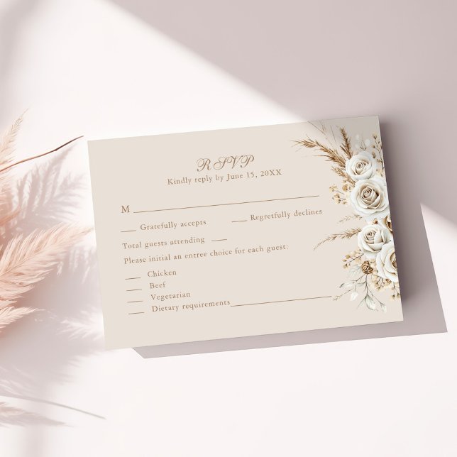 RSVP-Karte für Boho Pampas Grass & White Rose RSVP Karte (Boho Pampas Grass & White Rose Wedding RSVP Card on a sunny table with neutral dry botanicals.)