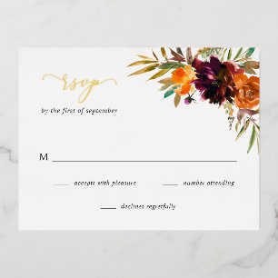 RSVP-Karte für Burgund Gold Fall Floral Folie Einladungspostkarte