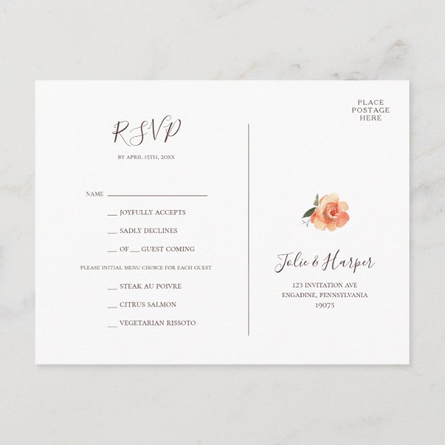 RSVP-Karte für Burgundy Orange-Blumenmenü Postkarte (Rückseite)