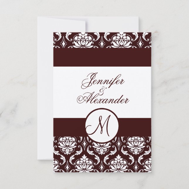 RSVP-Karte für den roten Damast, Monogramm, auf de RSVP Karte (Vorderseite)