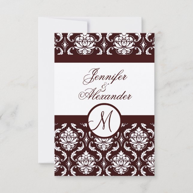 RSVP-Karte für den roten Damast, Monogramm, auf de RSVP Karte (Vorderseite)