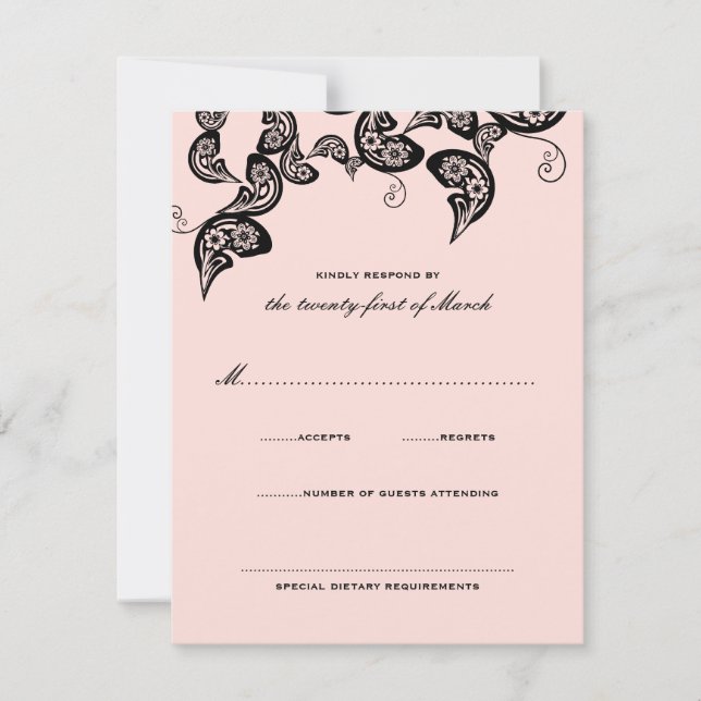 RSVP-Karte für die Blumenchic Peacock Black Pink W RSVP Karte (Vorderseite)