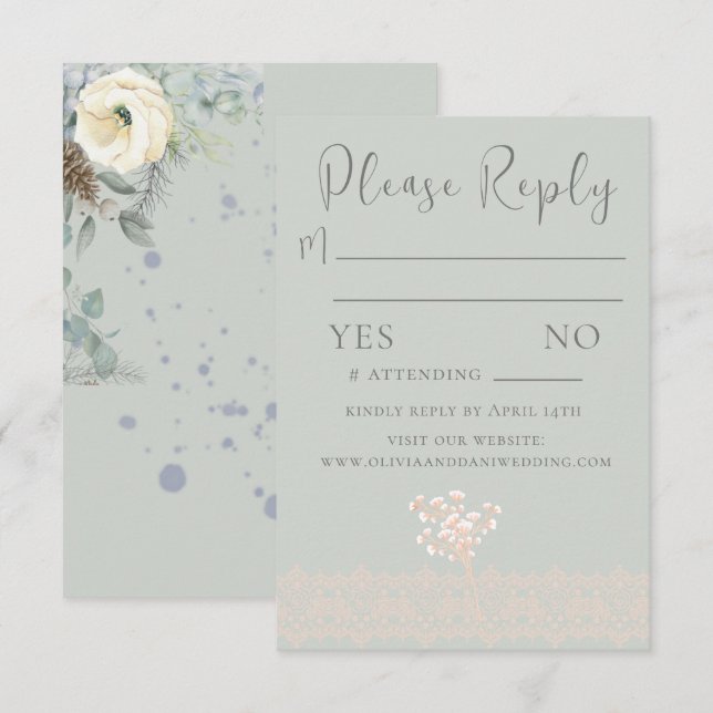 RSVP-Karte für die romantische Seite Grün Weiße Bl RSVP Karte (Vorne/Hinten)