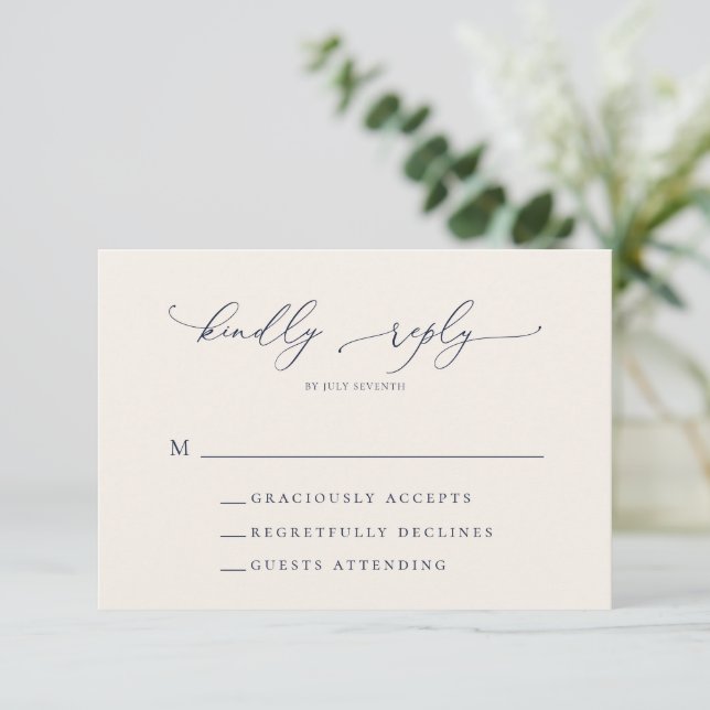 RSVP-Karte für Hochzeiten in Navy Blue und Cream M RSVP Karte (Stehend Vorderseite)
