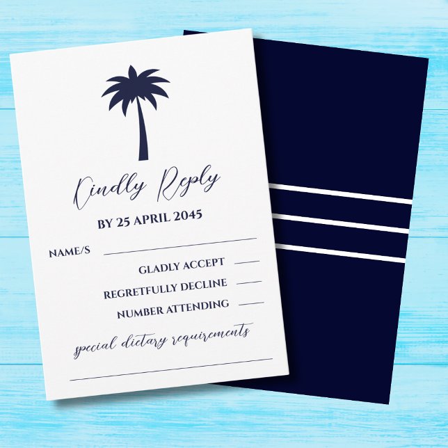RSVP-Karte für Hochzeiten von Navy White Palm Tree RSVP Karte (Von Creator hochgeladen)
