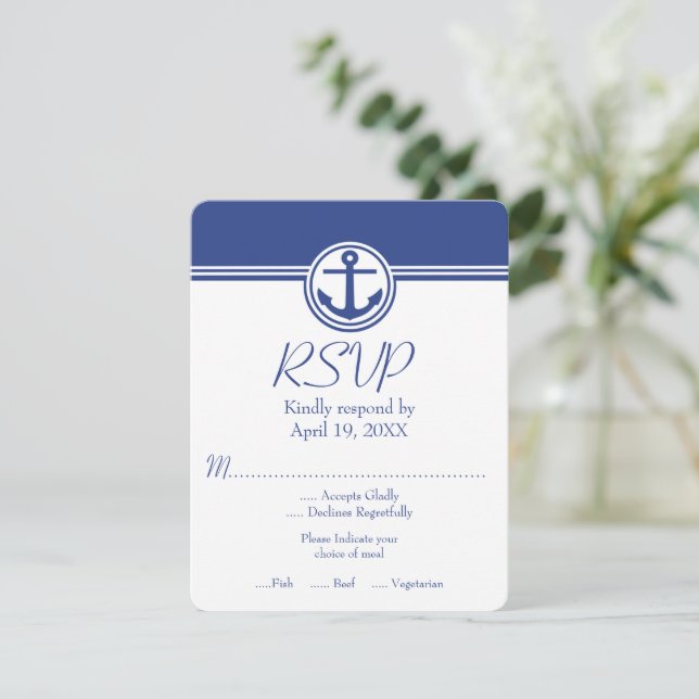 RSVP-Karte für Hochzeitsangriffe auf Navy Nautic RSVP Karte (Stehend Vorderseite)