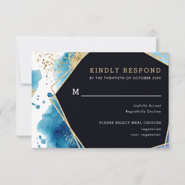 RSVP-Karte für Hochzeitsessen in Gold und Blau des RSVP Karte (Vorderseite)