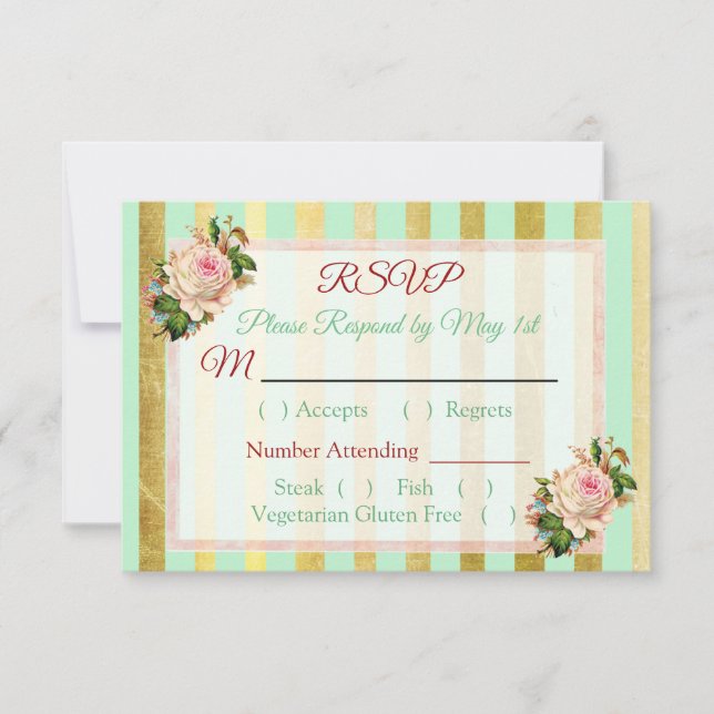 RSVP-Karte für Korallen-Rose, grün gestreift RSVP Karte (Vorderseite)