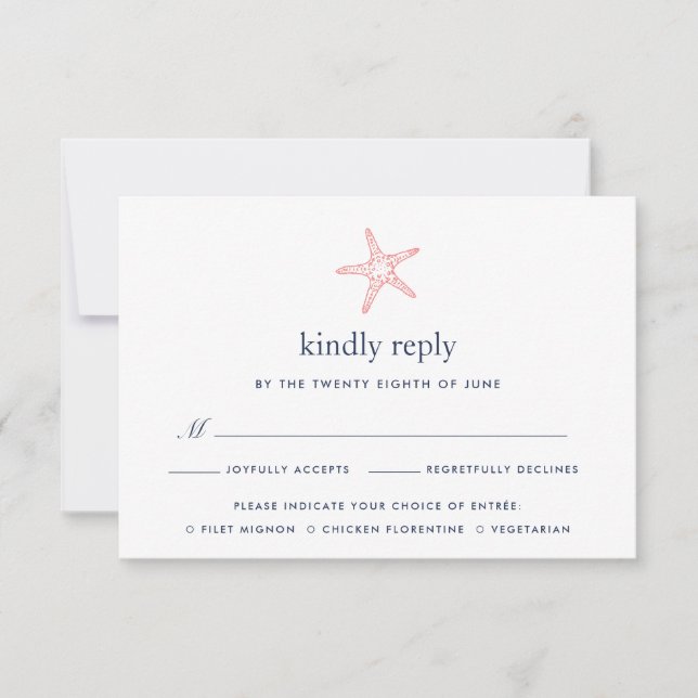 RSVP-Karte für Korallen und Seesterne mit Speiseka RSVP Karte (Vorderseite)