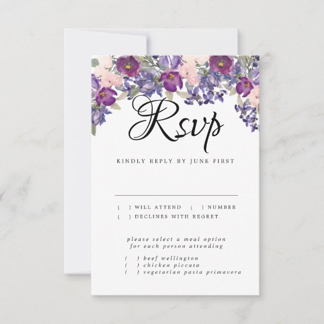 RSVP-Karte für lila Blumenehen mit Wahlmöglichkeit RSVP Karte (Vorderseite)