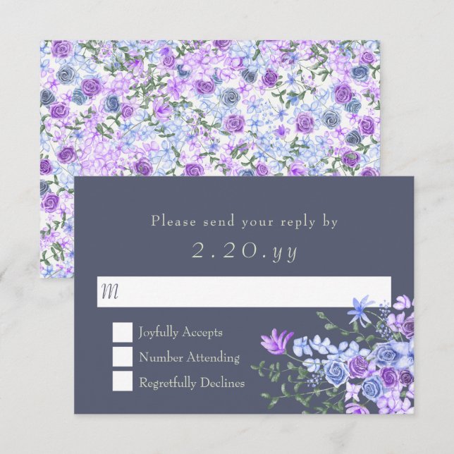 RSVP-Karte für Lila Blütenkalligrafie und graue Ka RSVP Karte (Vorne/Hinten)