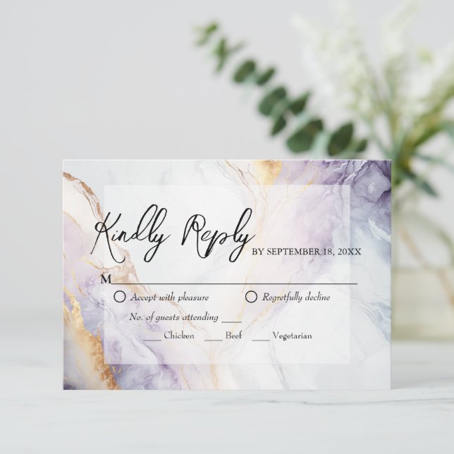 RSVP-Karte für lila- und Goldmarmor RSVP Karte (Stehend Vorderseite)