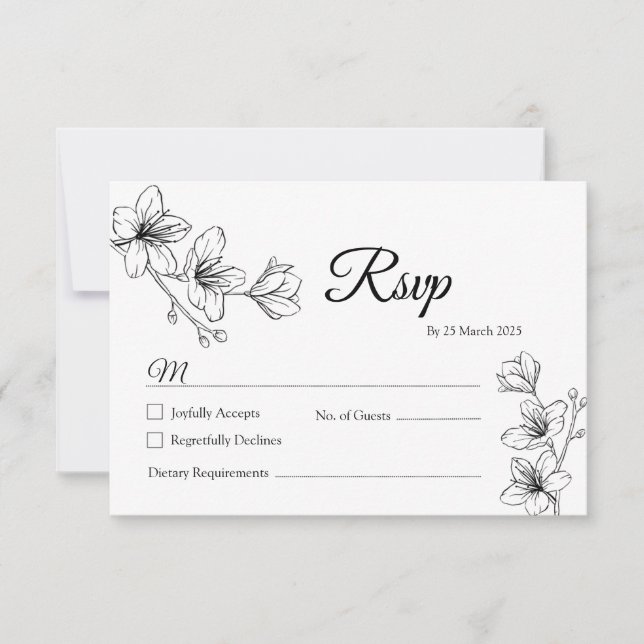 RSVP Karte für Minimalistische weiße Blütenlinie (Vorderseite)