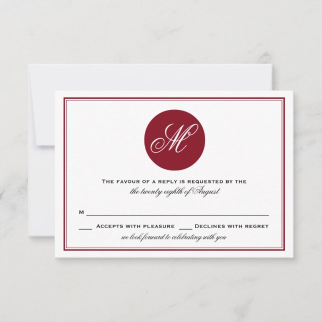RSVP-Karte für Red Elegant Script Monogram RSVP Karte (Vorderseite)