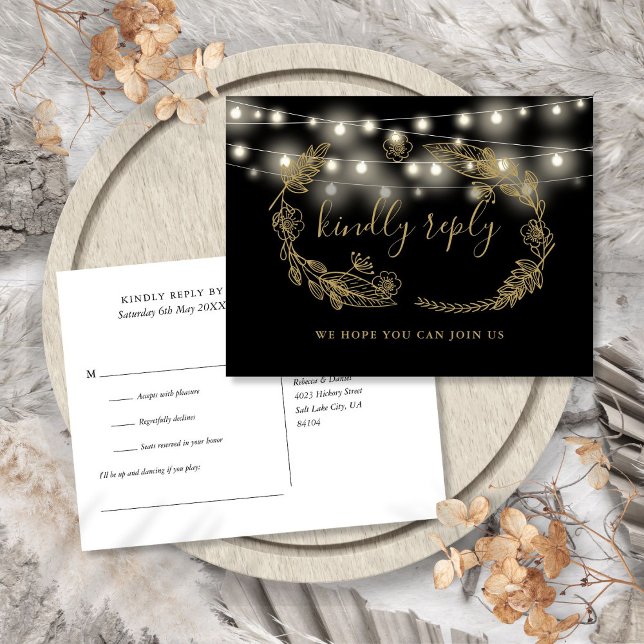 RSVP-Karte für Schwarz-Gold-Blumen-Song Einladungspostkarte (Black And Gold Floral Song Request RSVP Card)