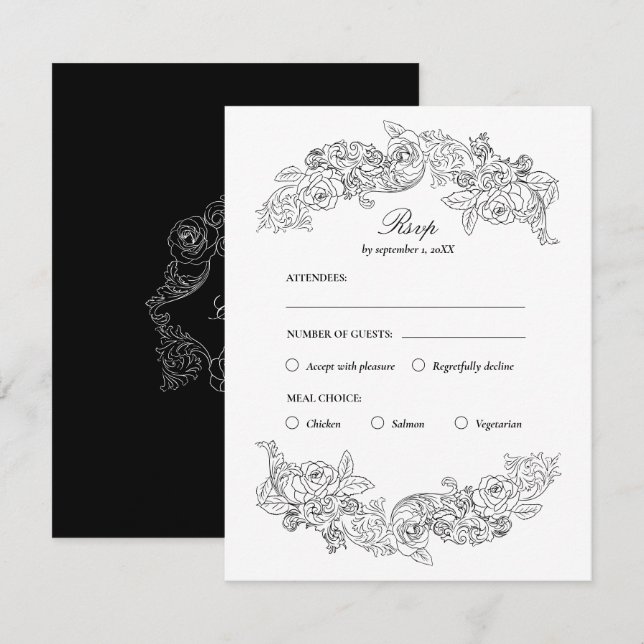 RSVP-Karte für Schwarz/Weiß-Rokoko RSVP Karte (Vorne/Hinten)