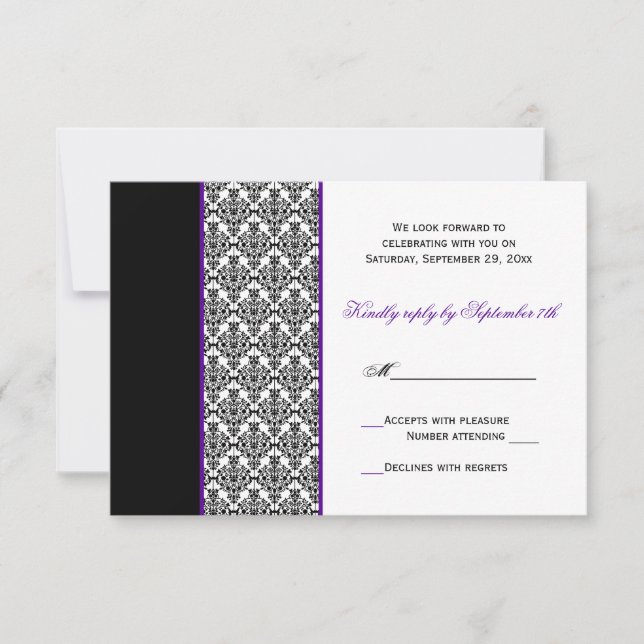 RSVP-Karte für Schwarz-weißen Lila Damaskus RSVP Karte (Vorderseite)