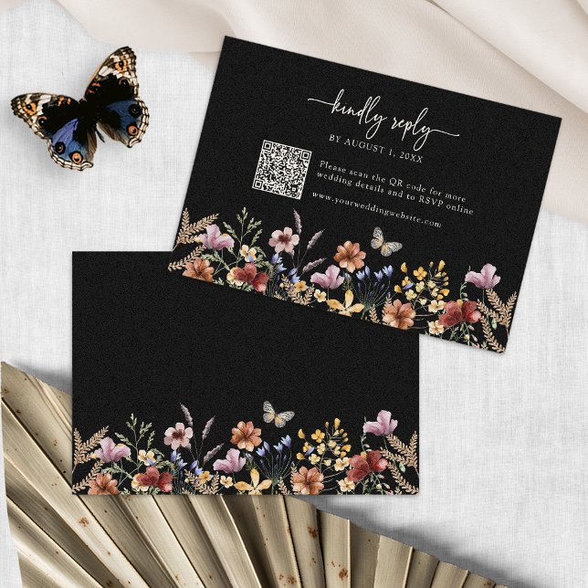 RSVP-Karte für Schwarze Wildblume RSVP Karte (Black Boho Wildflower RSVP Card with QR Code by Painted Paperie
)