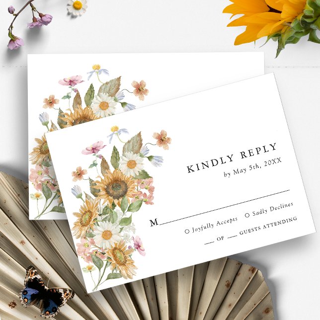 RSVP-Karte für Sonnenblumen RSVP Karte (Elegant Wildflower Sunflower Watercolor Floral RSVP Card by Painted Paperie
)