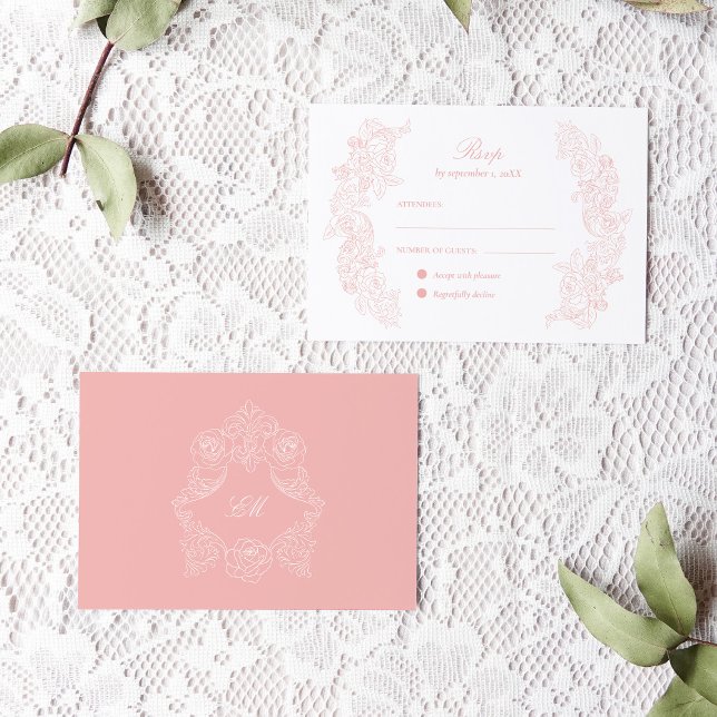 RSVP-Karte für viktorianische Rosa Hochzeit RSVP Karte (horizontal rsvp card with blush pink victorian ornaments and a crest monogram at the back)
