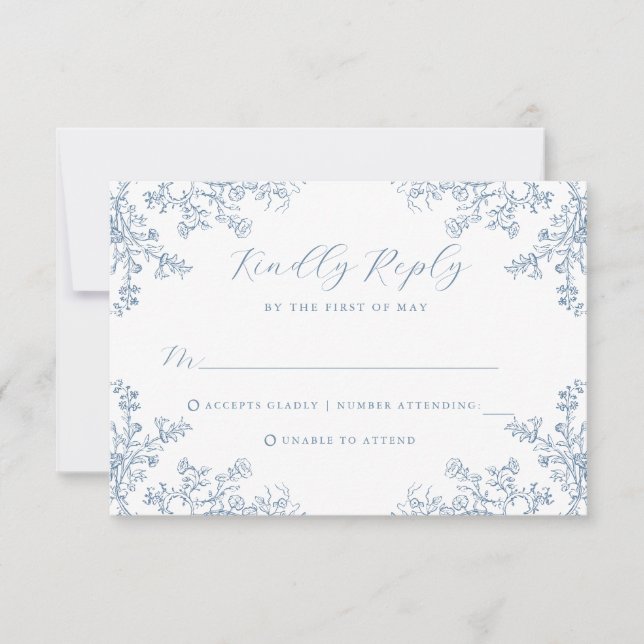 RSVP-Karte für Vintage Blumenblauer Hochzeit RSVP Karte (Vorderseite)