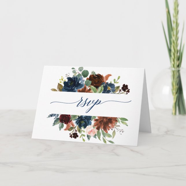 RSVP-Karte für Wasserfarbkinnamone Navy Blush Flor Einladung (Vorderseite)