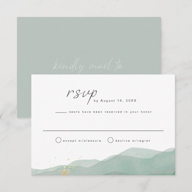RSVP-Karte LINDEN Sage Green & Gold Einladung (Vorne/Hinten)