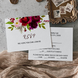 Rsvp-Karte mit einfachem Burgundy-Blumenmenü RSVP Karte