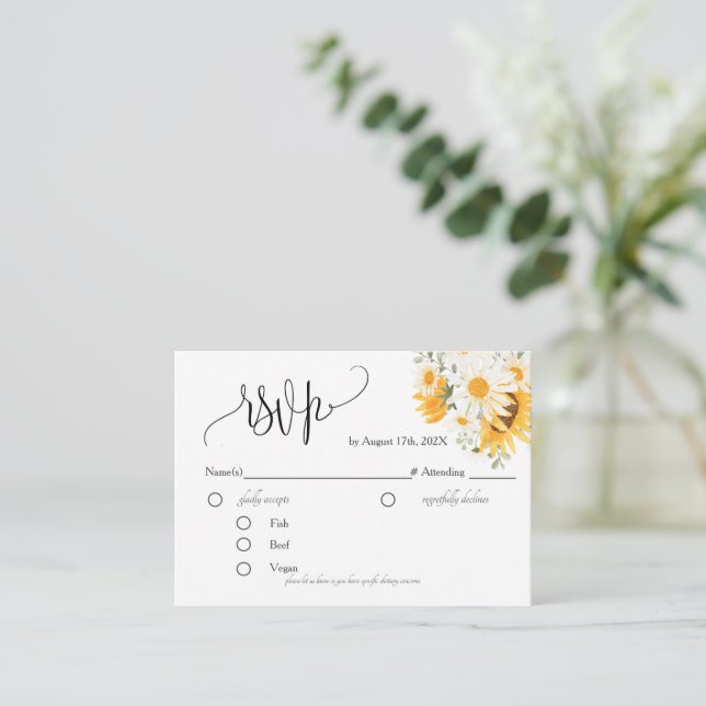 RSVP-Karte mit floralen Sonnenblumen Begleitkarte (Stehend Vorderseite)